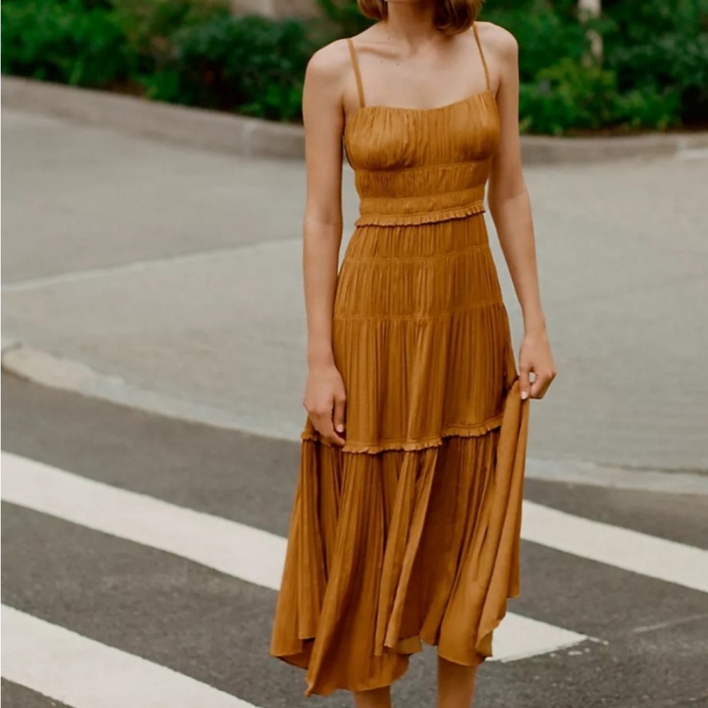 Anthropologie Ruched Slip Dress Midi Tiered Adjustable Straps Satiny Gold size 6